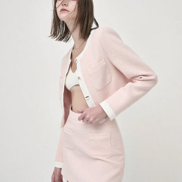 ETMON  Cherry Pink Piping Pocket Tweed Jacket Size S - Picture 4 of 7